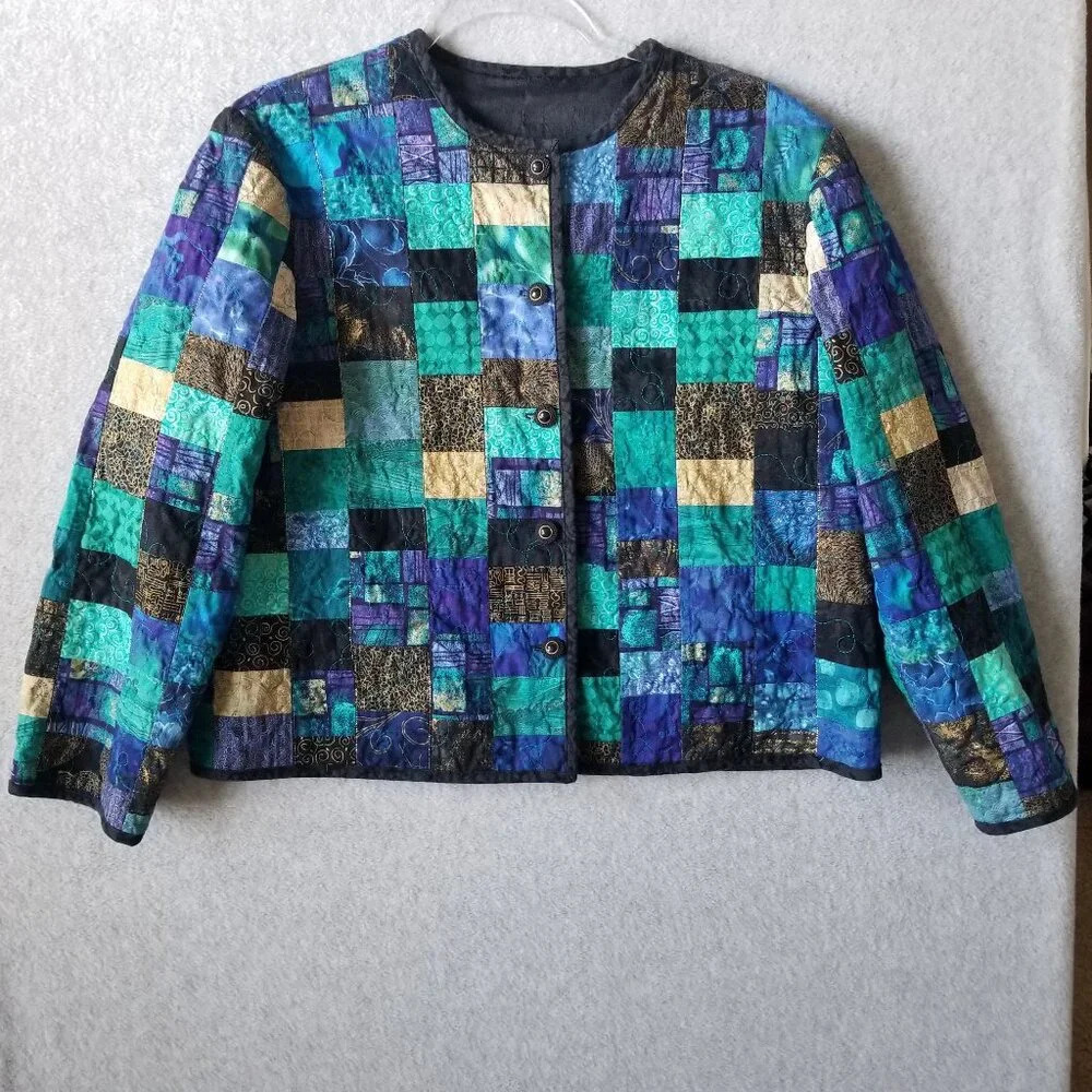 Quilted Patchwork Embroidered Button Front Granny… - image 1